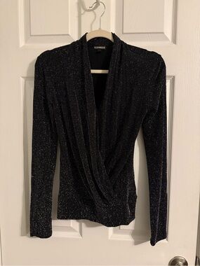 Express Metallic Drape Front Long Sleeve Top - Black with Silver Sparkle